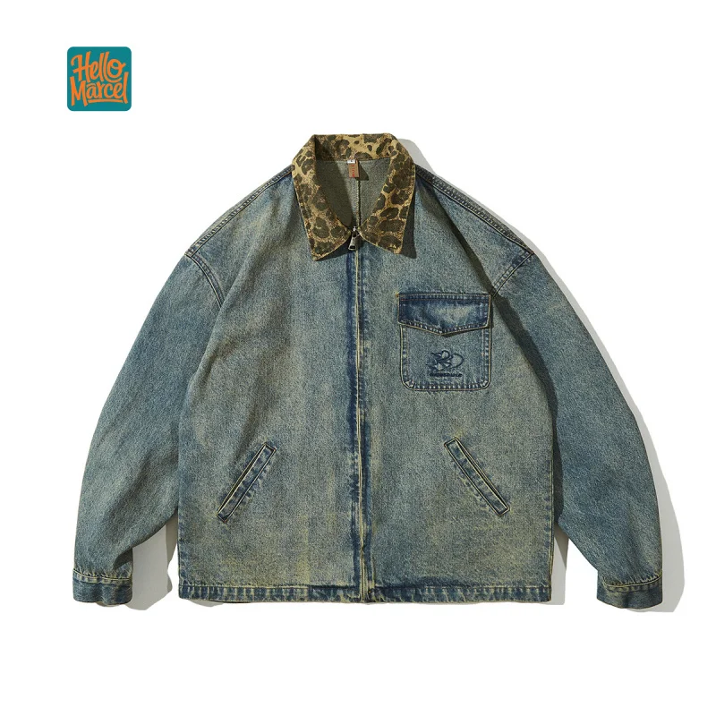 HELLOMARCEL EU US Size Luxury Quality Jean Jacket Street Wear Leopard Turn-Down Collar Men Oversize Washed Denim Jacket