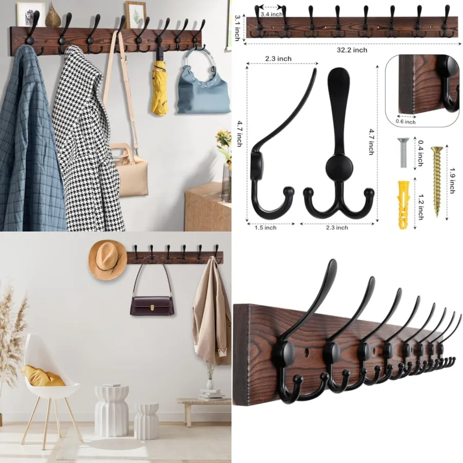

32.2'' Large WallMounted Coat Rack with 8 Metal Black Triple Hooks and Brown Pine Real Wood Plank Design for Efficient Hanging