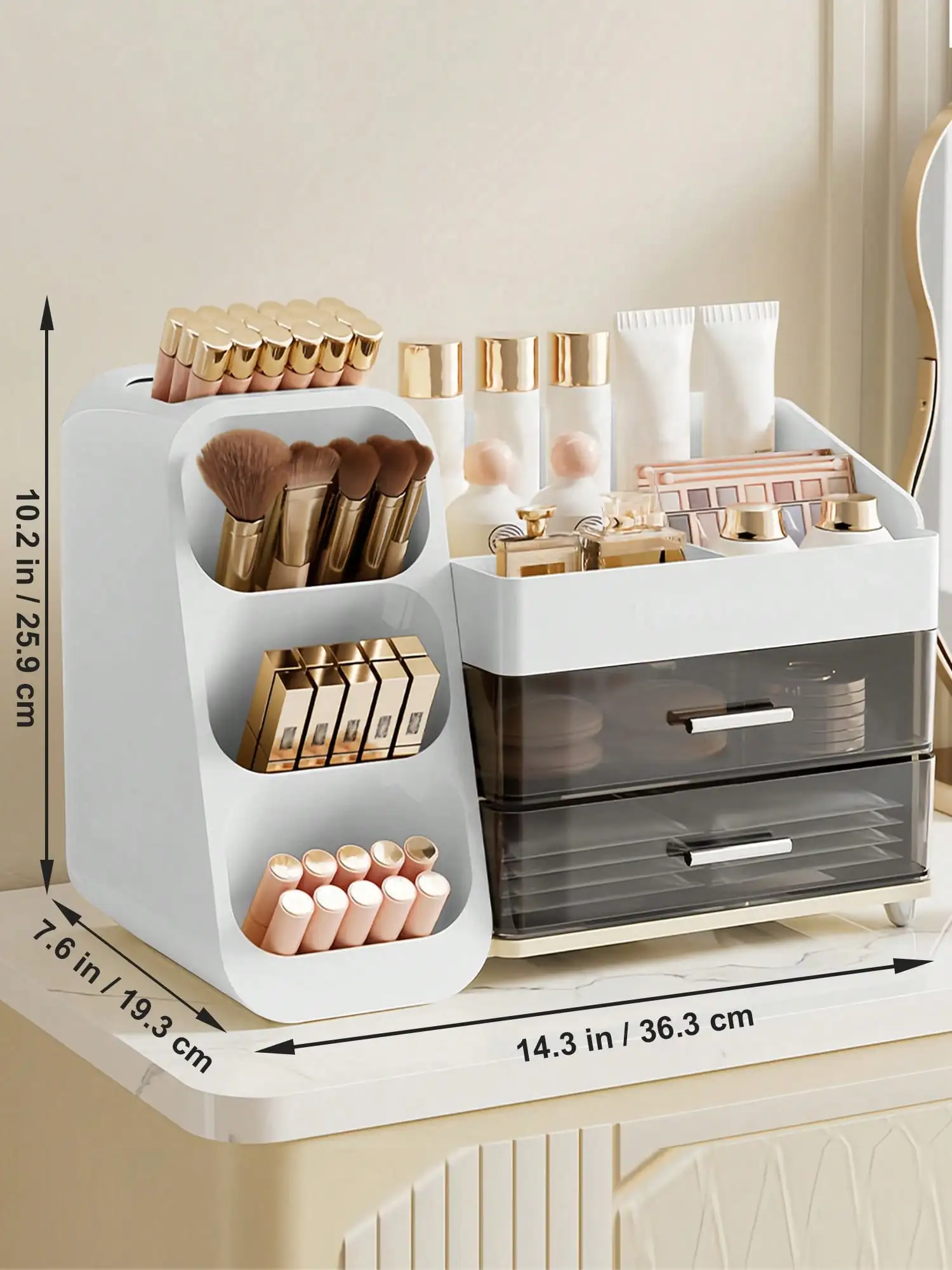 Makeup Organizer with Brush Holder Drawers Countertop Vanity Storage for Cosmetics Lipstick Eyeshadow Perfume