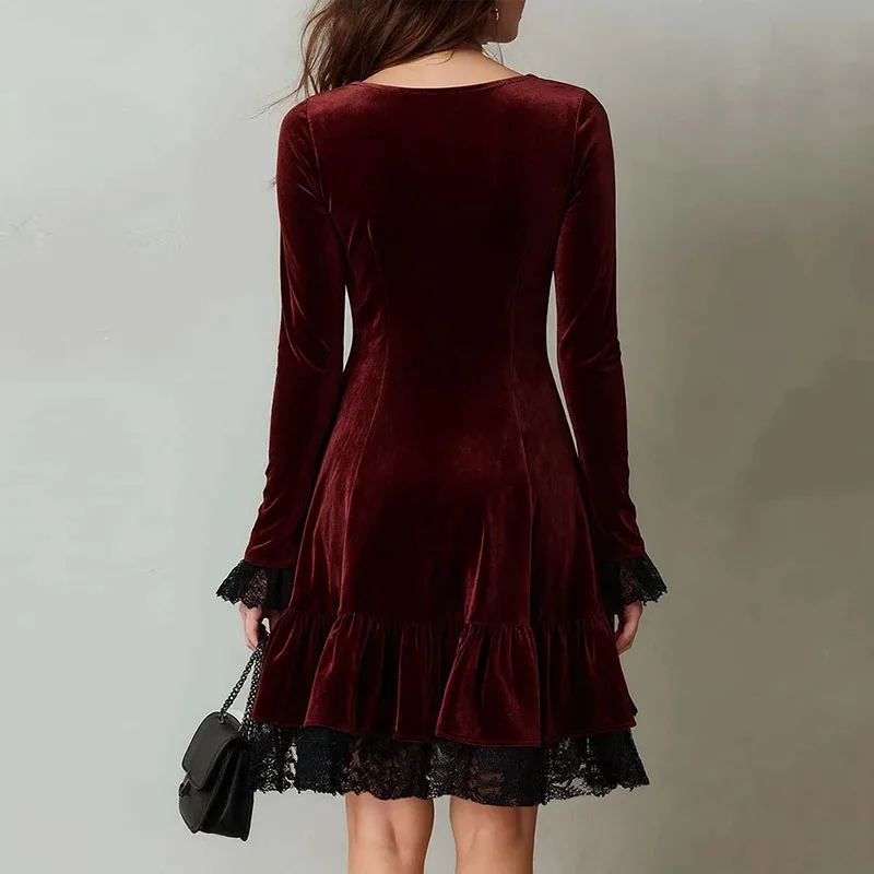 Senhoras elegante tripulação pescoço veludo mini vestido 2026 primavera casual retalhos rendas vestido plissado outono manga alargamento vestido de festa feminino