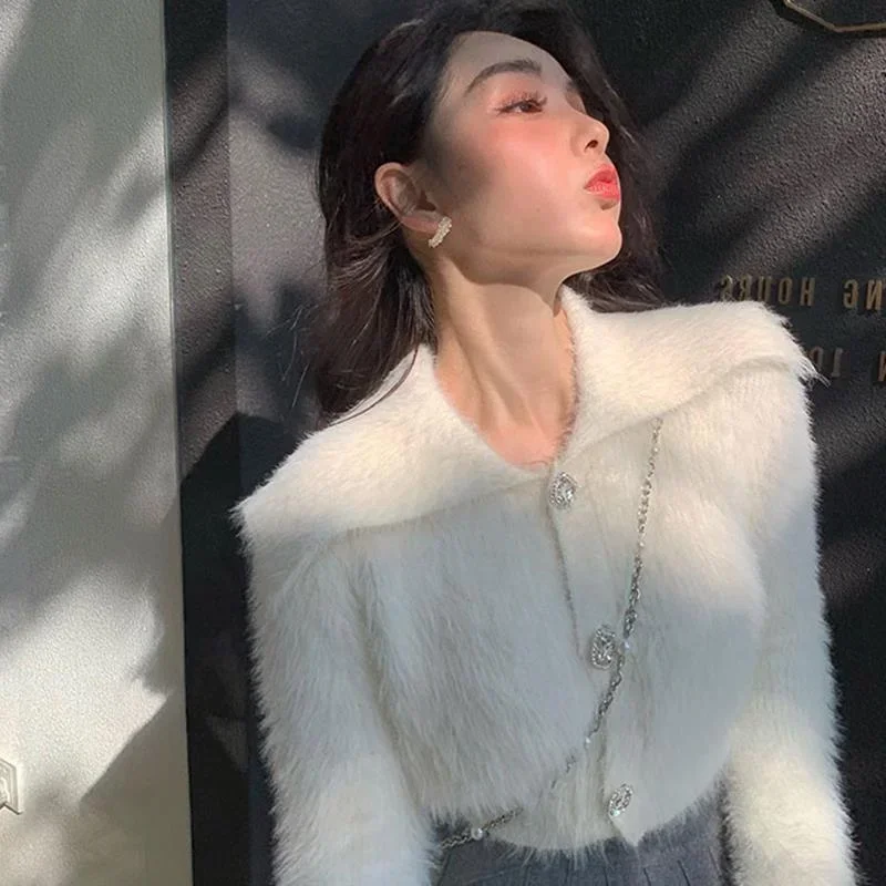 Mink Cashmere Sweaters Turn Down Collar Crop Tops Fleece Short White Cardigan Mohair Coat Knit Pull Korean Fashion Sueters