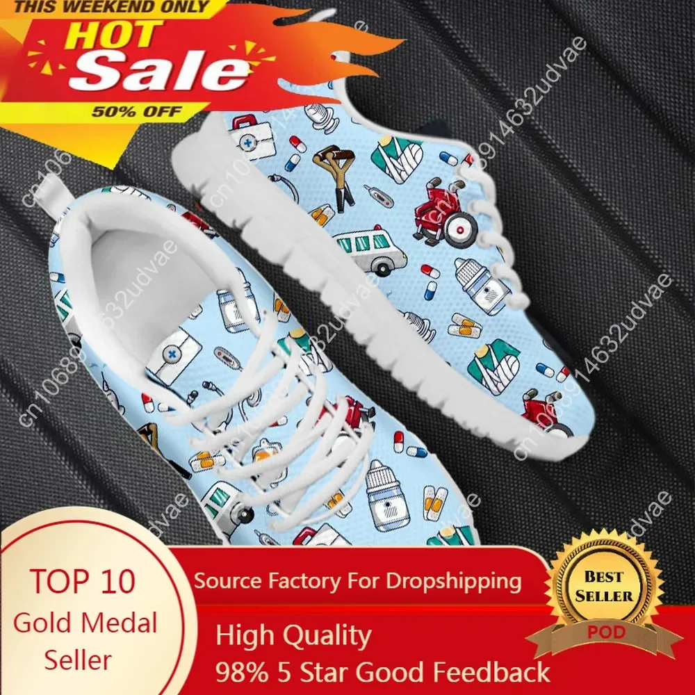 Spring Nurse Flat Shoes Women Cute Cartoon Nurses Printed Women's Sneakers Shoes Breath Mesh Flats Zapatos De Mujer