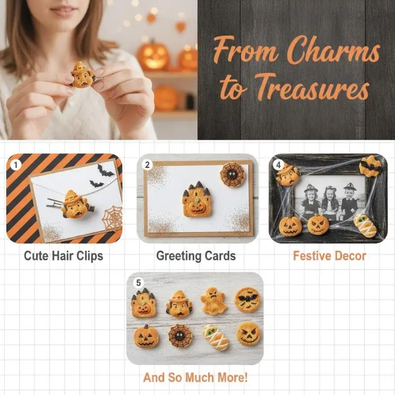 8pcs Halloween Resin Horror Series Cookie Pumpkin Castle Bat DIY Handmade Cream Gum Accessories Hair Clip Keychain Pendant