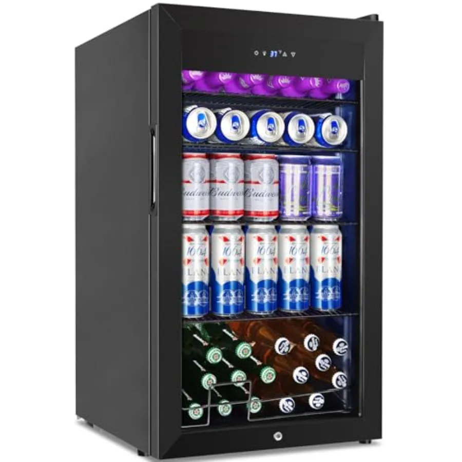 

128 Cans Beverage Refrigerator Cooler 3.2 Cu.Ft Mini Drink Fridge with Glass Door for Beer Soda Wine Small Beer Fridge with 4 R