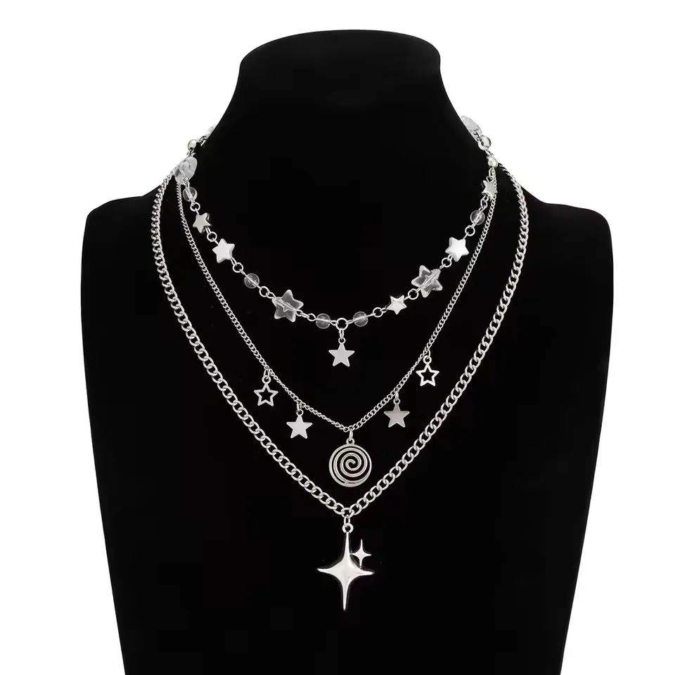 Fashion Multi Layer Silver Color Star Vortex Pendant Chain Necklace For Men Women Trend Rock Grunge Punk Jewelry Accessories