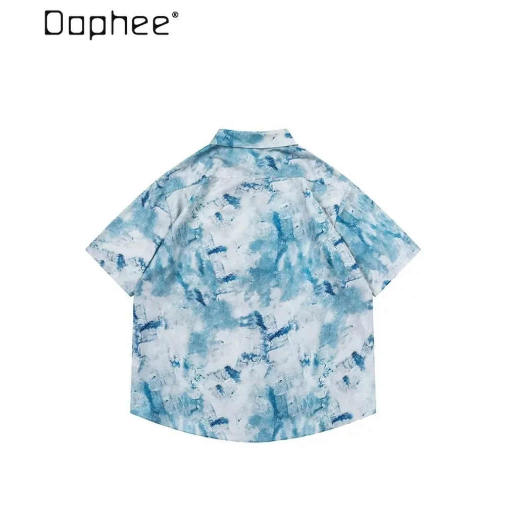 2026 Summer Men's Short-sleeved Shirt Retro Washed Tie-dye Gradual Change Print Drop Shoulder Lapel Casual Loose Shirts for Men