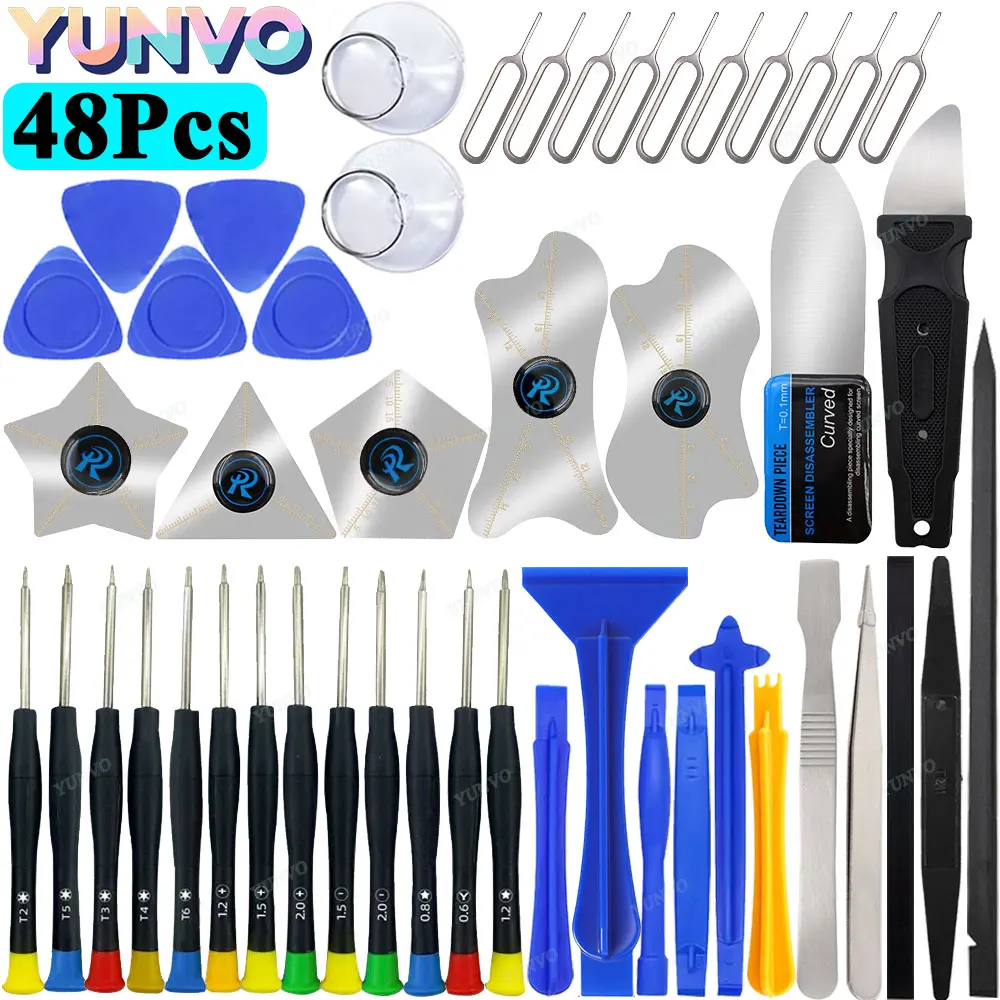 48Pcs Precision Screwdriver Repair Tool Kit, Metal Curved Screen Pry Spudger Opening Tools, SIM Eject Pin Pry Blade Tweezers