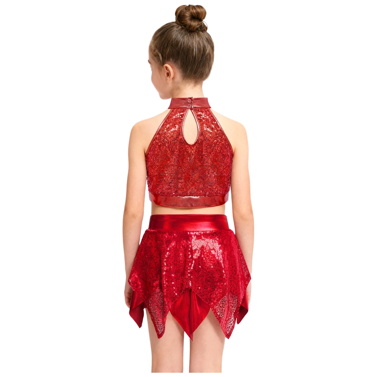 Girls Shiny Sequins Jazz Dance Performance Outfit Sleeveless Sparkly Crop Top with Metallic Skirt School Cheerleading Dancewear