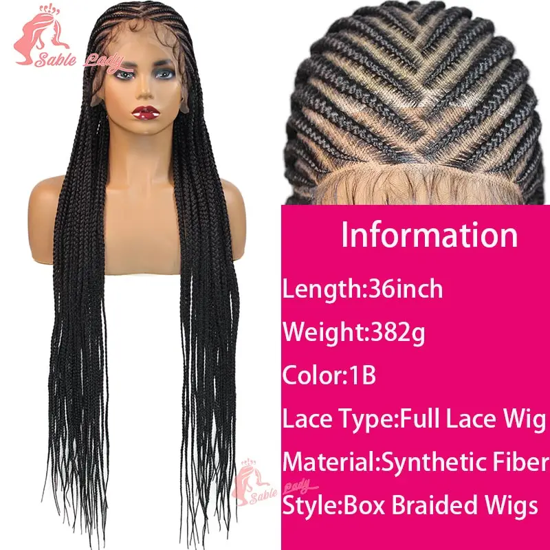 Wig jalinan renda penuh sintetis untuk WANITA HITAM 36 "Wig jalinan kotak tanpa simpul trek Wig kepang Wig kepang Cornrow Wig kepang