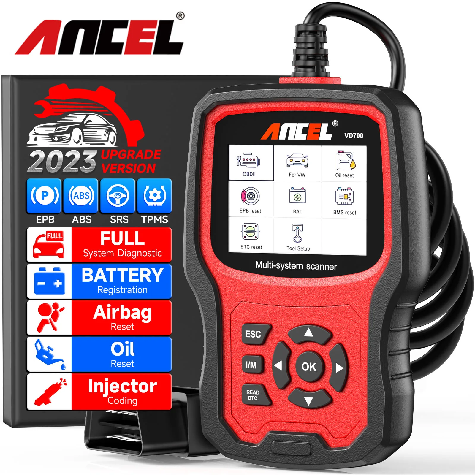 

Ancel VD700 OBD2 Code Reader All System Scan Airbag ABS Oil EPB Reset OBD Auto Tools For VW For Audi Car Diagnostic Tool