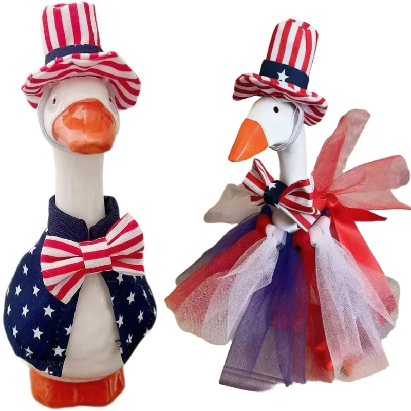

4th of July Mini Goose Costume,7 Inch Desk Goose Outfits, Patriotic Clothes with Hat Independence Day Decor for Desktop Statues