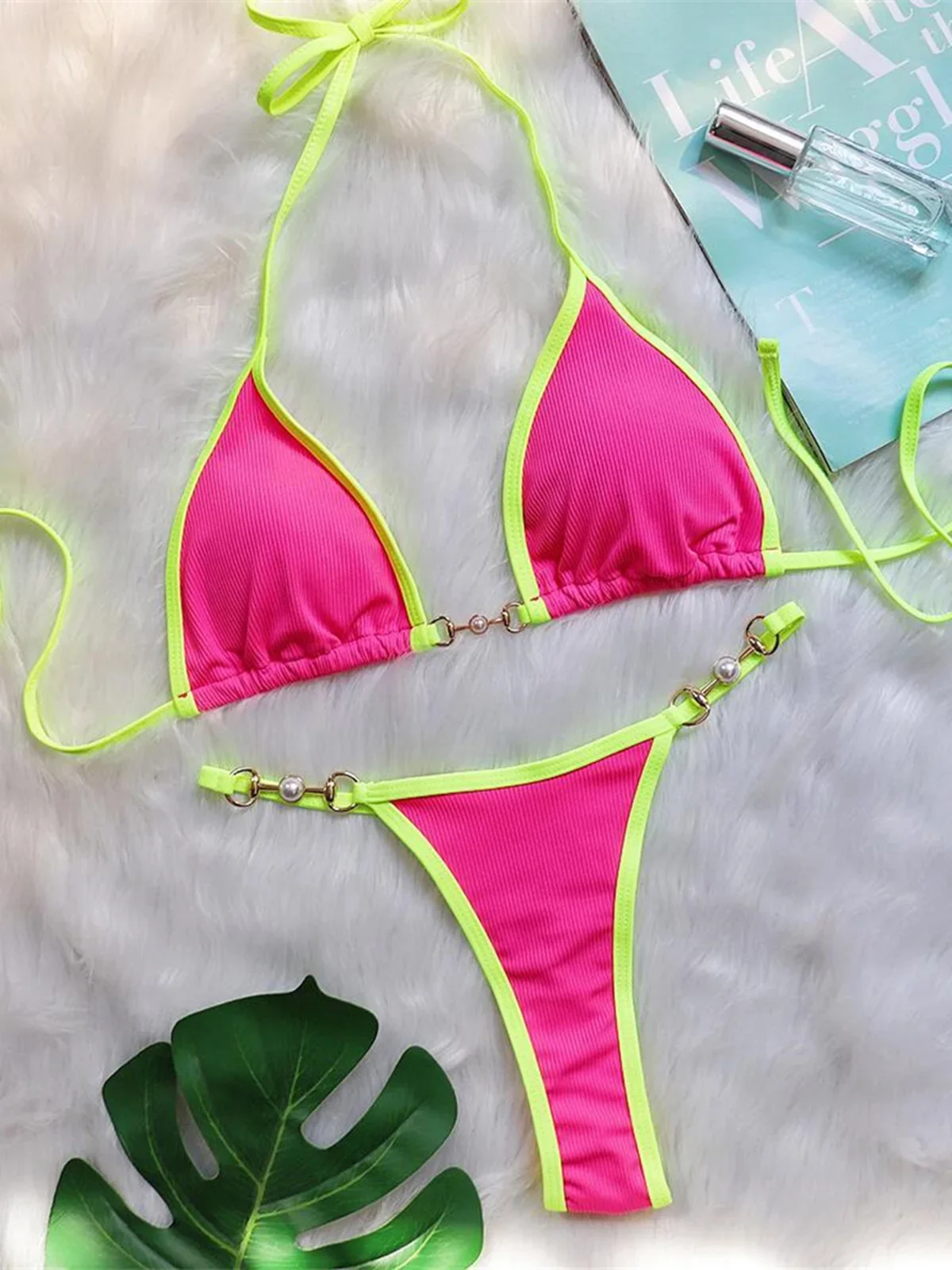 

5 Colors Halter Ribbed Splicing Thong Bikini Female Swimsuit Women Swimwear Two-pieces Bikini set Bather Bathing Suit Swim K4392
