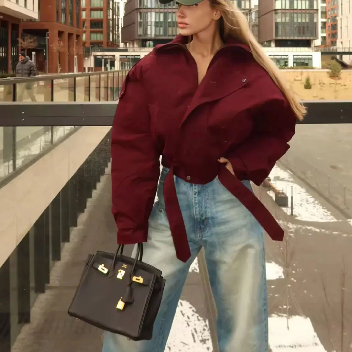 Otoño nueva llegada mujer americano Retro doble cuello largo Sve nudo suelto ort Jaet abrigo fibra de poliéster