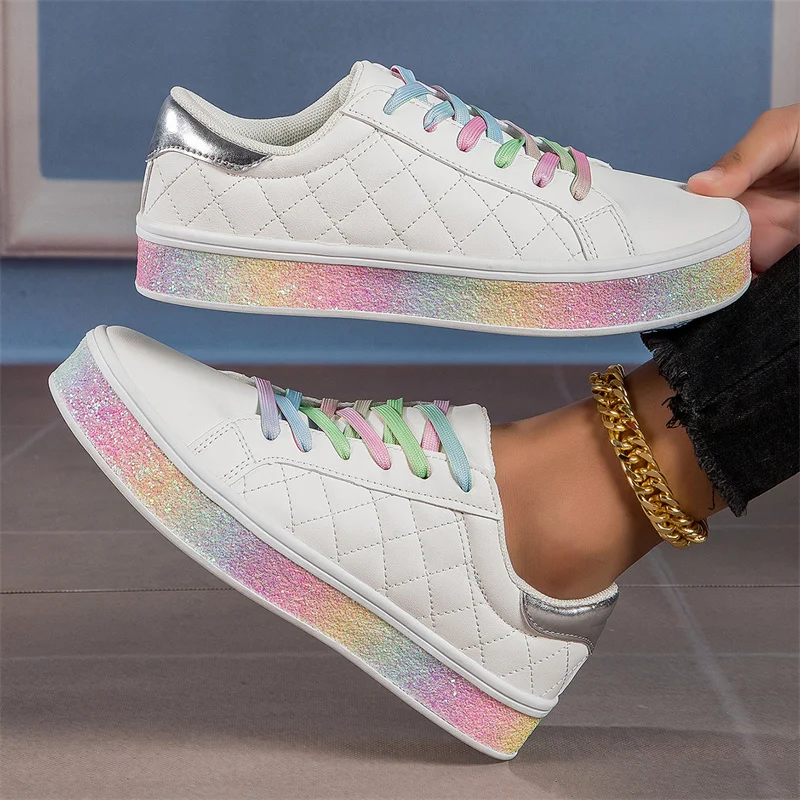 

Rainbow Skateboard Shoes Fashion Women Flat Sneakers Hot Sale Woman Leather Casual Sneaker Designer Comfy Outdoor Walking Shoes