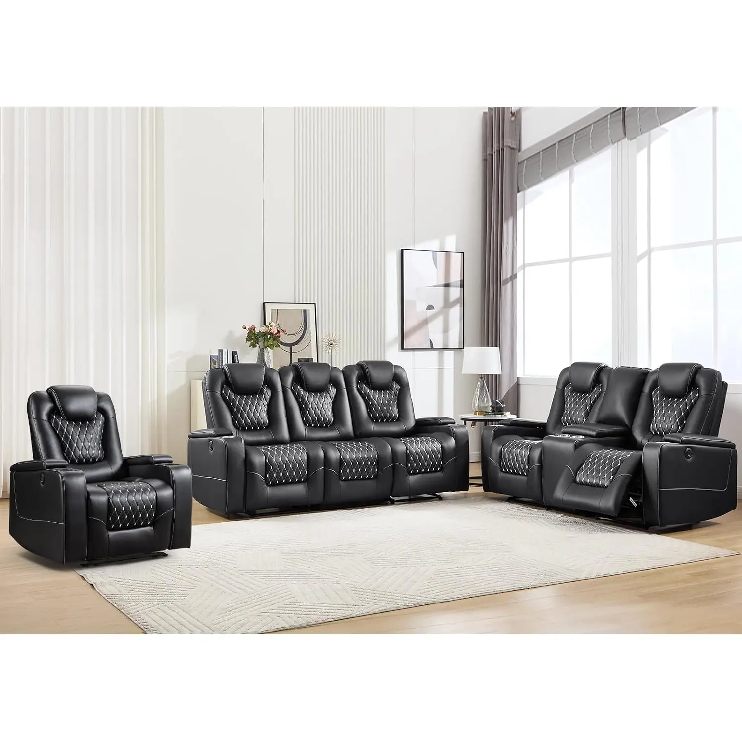 Living Room 3 Seat Recliner Sofa & Loveseat & Chair with USB Ports Cup Holders PU Leather Hidden Arm Storage, Customized