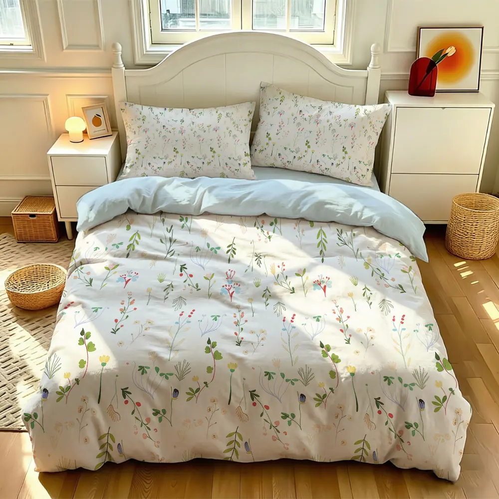 3pcs Minimalist Style, Beautiful Flowers Print Down Duvet Cover Set, Multi Size Bedroom Bedding Decoration, Machine Washable