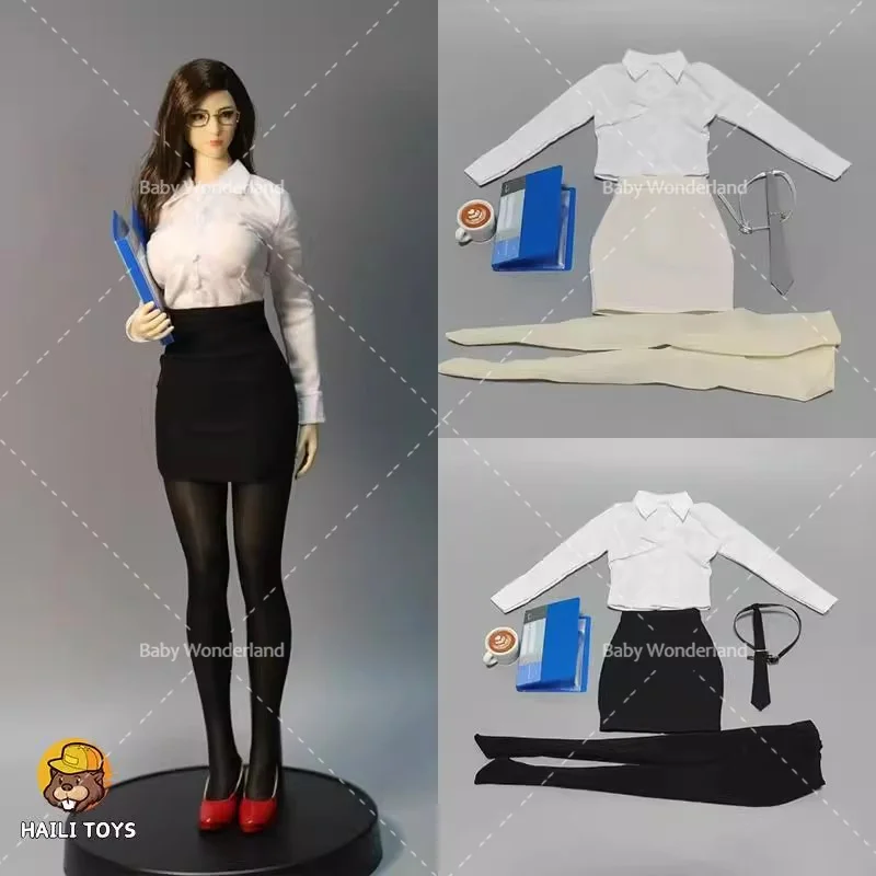 HAILI TOYS 1/6 Scale White Collar Secretary Set Hip Skirt Stockings Clothes Model Fit 12'' PH Movable Female Soldier Body Dolls