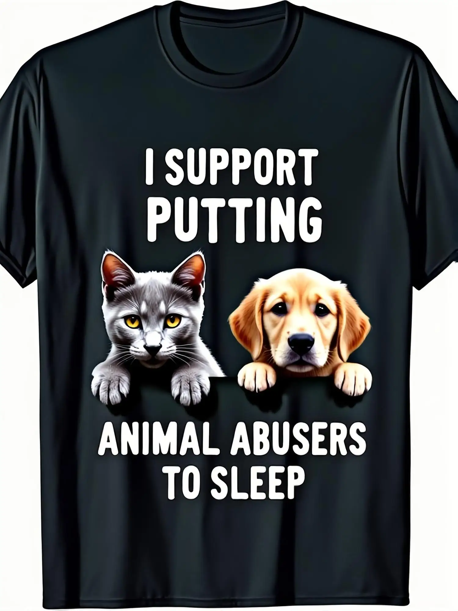 Men' Animal Rights Advocacy T Shirt I Support Putting Animal Abusers to Sleep Slogan with Cat & Dog Design Cotton Soft Breathable Retro Loose Fit Shirt for All Season Casual Wear Animal Abuse Statement Tee
