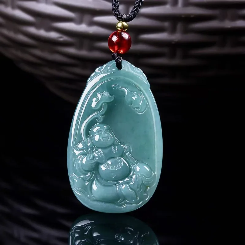 Natural Real Emerald Blue Water Maitreya Buddha Pendant Myanmar Jadeite Necklace Jewelry Charm Designer Luxury Women Gift