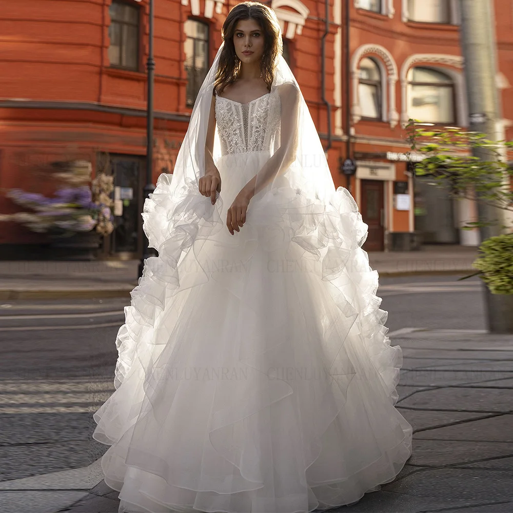 Vestido De novia largo De tul con cuello en V para mujer, traje Sexy con cuentas, tirantes finos, exquisito, 2024