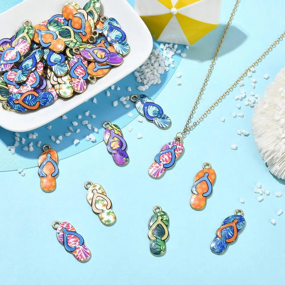 40pcs Enamel Metal Flip Flop Charms Tropical Palm Leaf Pattern Slipper Pendants for DIY Bracelet Necklace Beach Jewelry Making