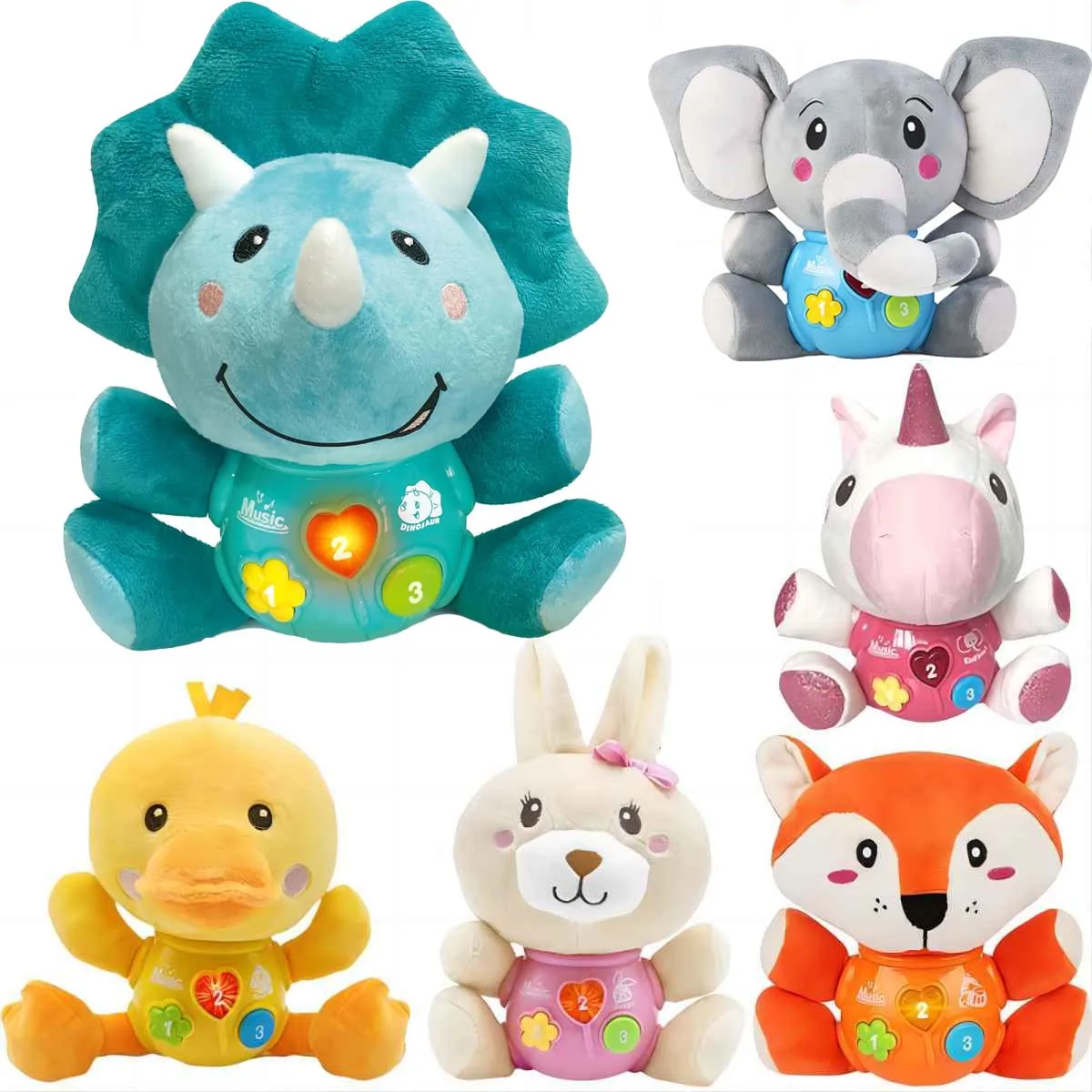 Baby unicorni Dinosaur Sleep Music Light peluche lenitivo peluche che dorme compagno suono e bambola leggera per neonato