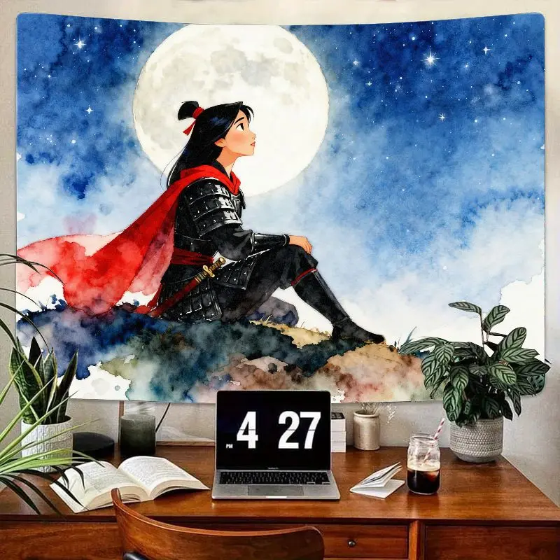 

1 шт., гобелен Мулан-воин для девочек, полнолуние, звездная ночь, настенное искусство, акварель, эстетический декор комнаты, подарок для любителей фэнтези