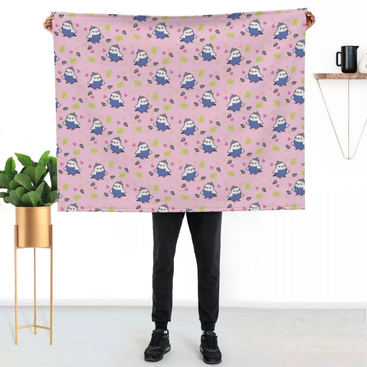 Cute Blue Budgie - Pink Throw Blanket Giant Sofa Retros Personalized Gift Beach valentine gift ideas Flannel Fabric Blankets