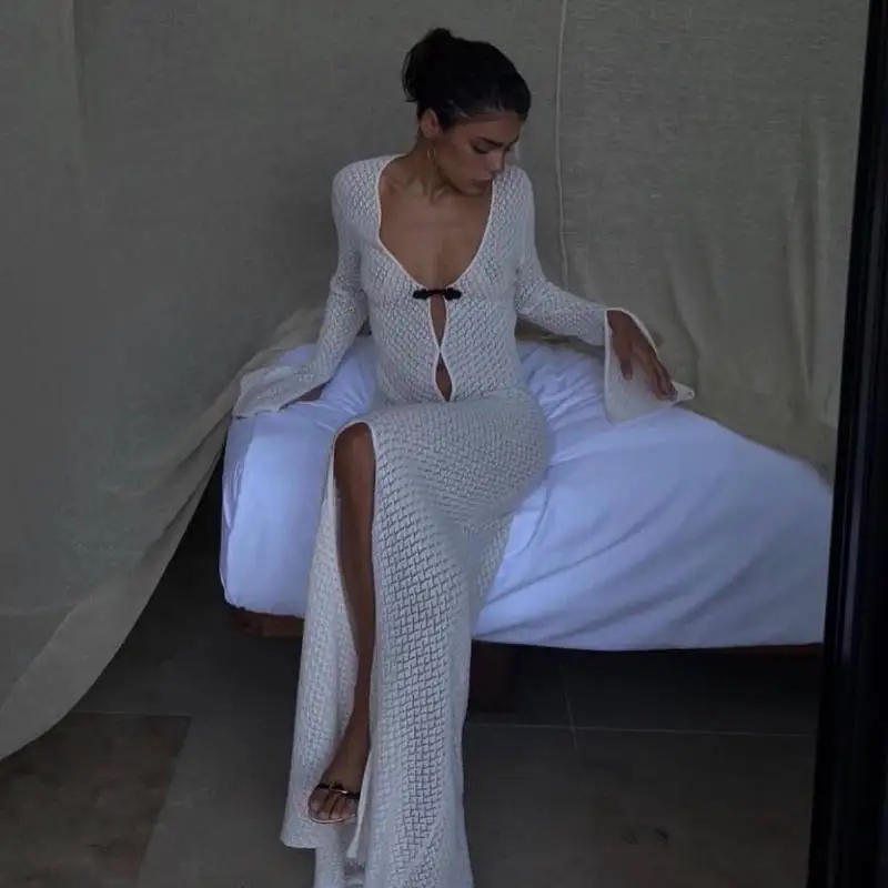 2025 nieuwe zomer uitgehold jurk dames witte v-hals split aan de voorkant slanke sexy lange jurk vrouwelijke mode vakantie strand feestjurk
