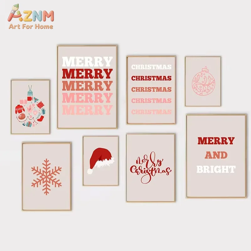 1PC Pink Christmas Simple Wall Art Red Aesthetic Winter Snowflake Christmas Gift Poster Bedroom Living Room Canvas Painting