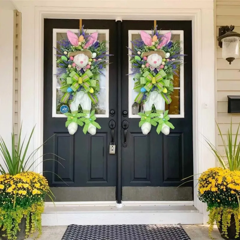 Easter Bunny Decorative Garland Pendant with Easter Cartoon Theme Simulated Plant Door Hanging Ornament Easter Bunny Door Hanger