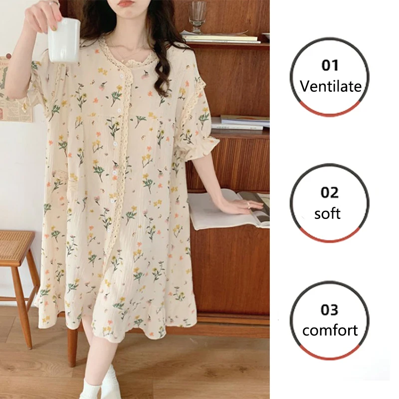Girl Pajamas Sweet Cute Little Bouquet Printed Bubble Cotton Nightgown Lace Lace Loungewear Princess Wind Women Homewear Dress