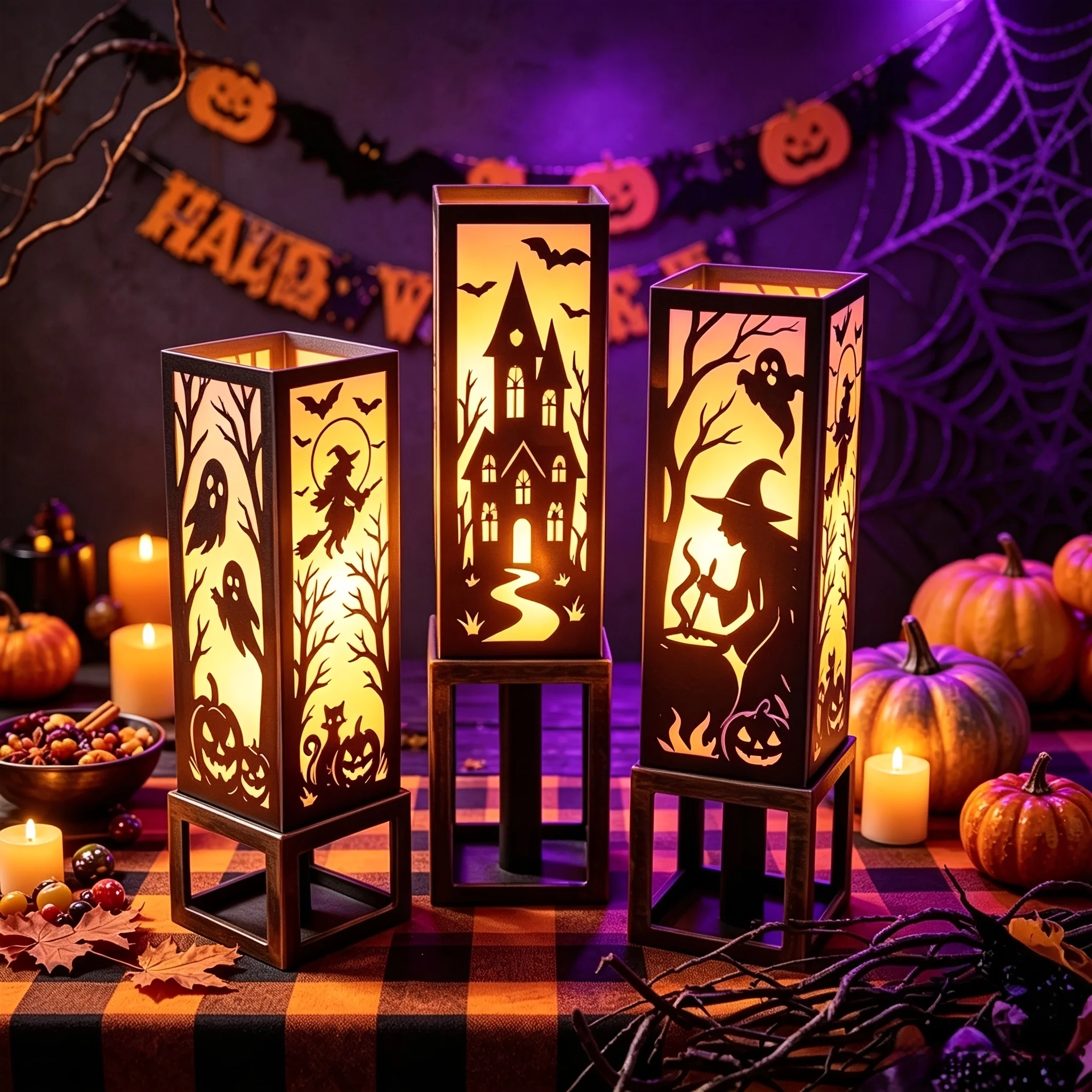 3pcs Plastic Gothic Lantern Cover, Halloween Witch Horror House Table Candle Holder, Trick or Treat Party Decor