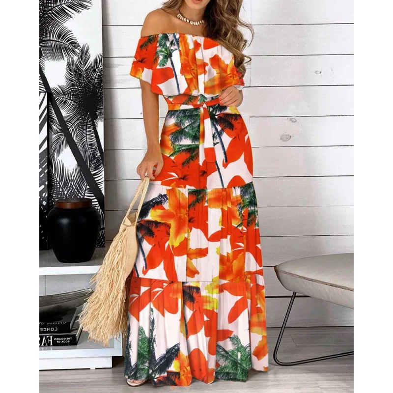 2023 Aliexpress wish Independent station burst summer ruffled strapless strapless print long dress female