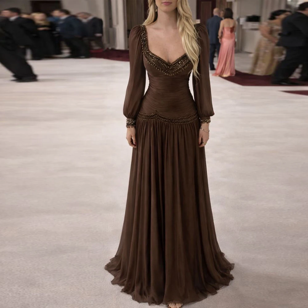 

Customized Flattering Pleat Prom Dress with Lantern Sleeve Scoop Neck A Line Wedding Guest Dresses Beaded Crepe Maxi Gown