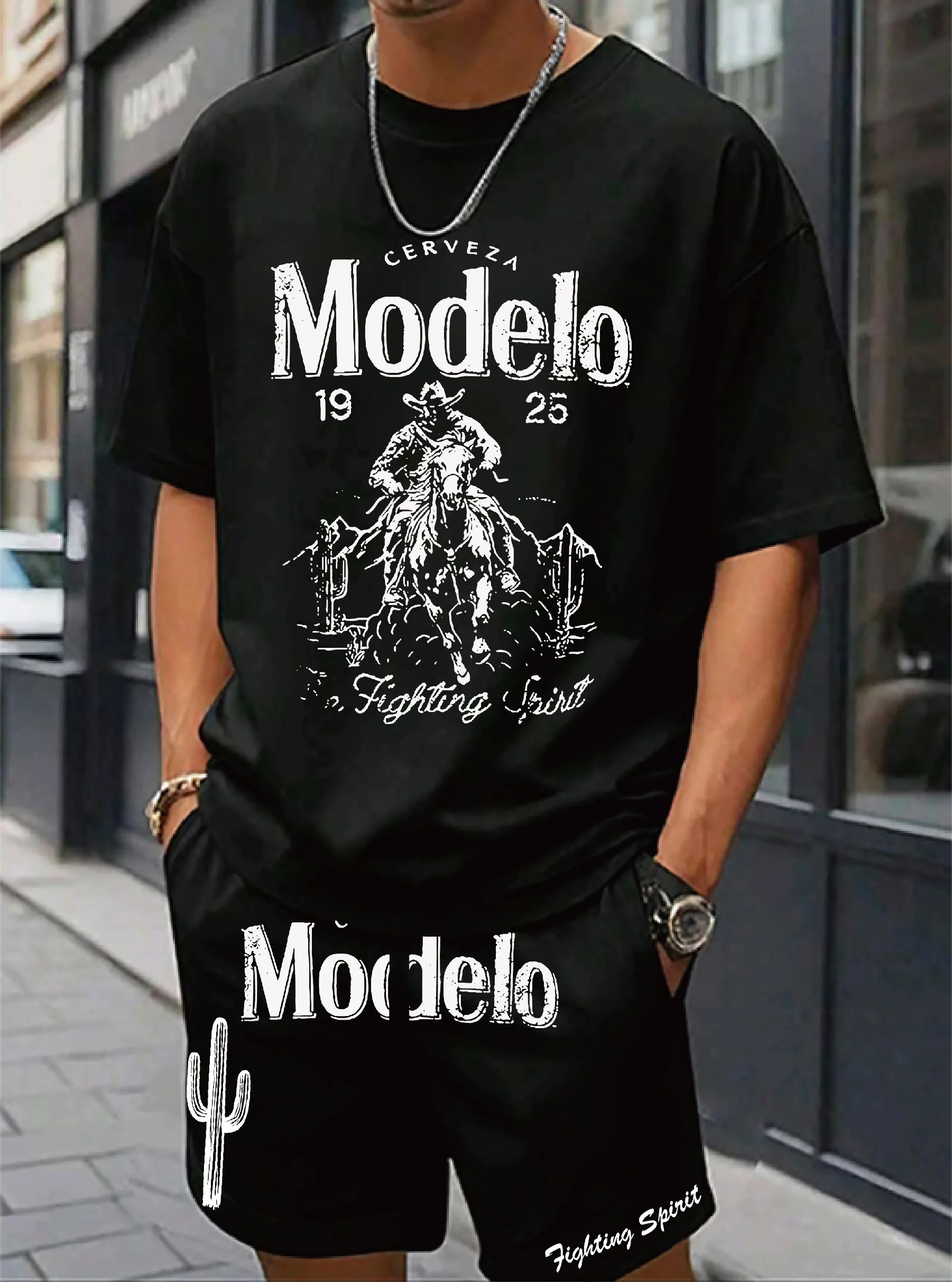 

Classic round neck black T-shirt Mexican horse riding men's print and Modelo text Casual party