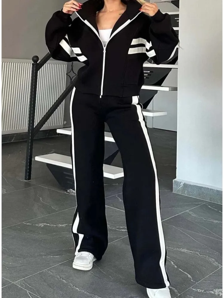 Mode Gestreiften Hoodie Set Für Frauen Casual Langarm Zip Tops + Hohe Taille Breite Bein Hosen 2 Stück Sets dame Y2k Sport Kleidung