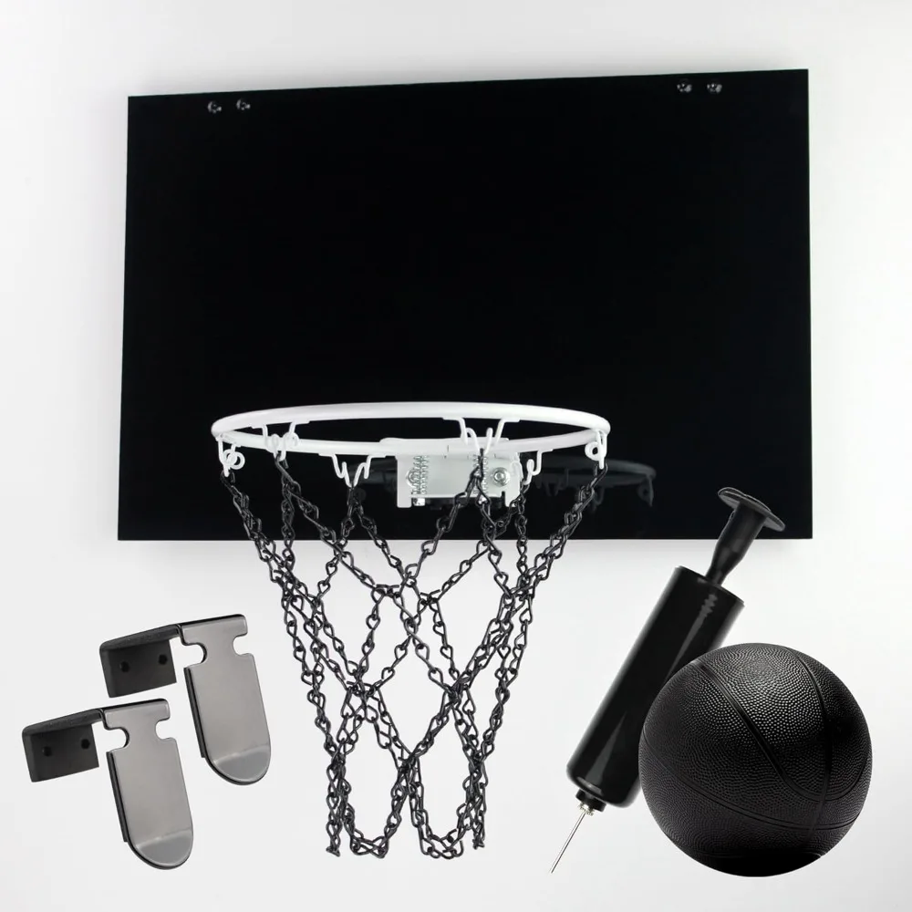 屋内用ミニバスケットボールフープ、金属チェーンネット、白いリム、黒いバックボード、ドアフック、ボール、ポンプ、9インチ