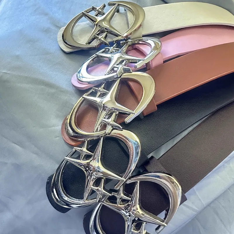 Y2Kゴシックヴィンテージパンクムーンスターバックルベルト レディースデザインクロスメタルベルトPUレザーウエストバンドパンツ装飾ベルト