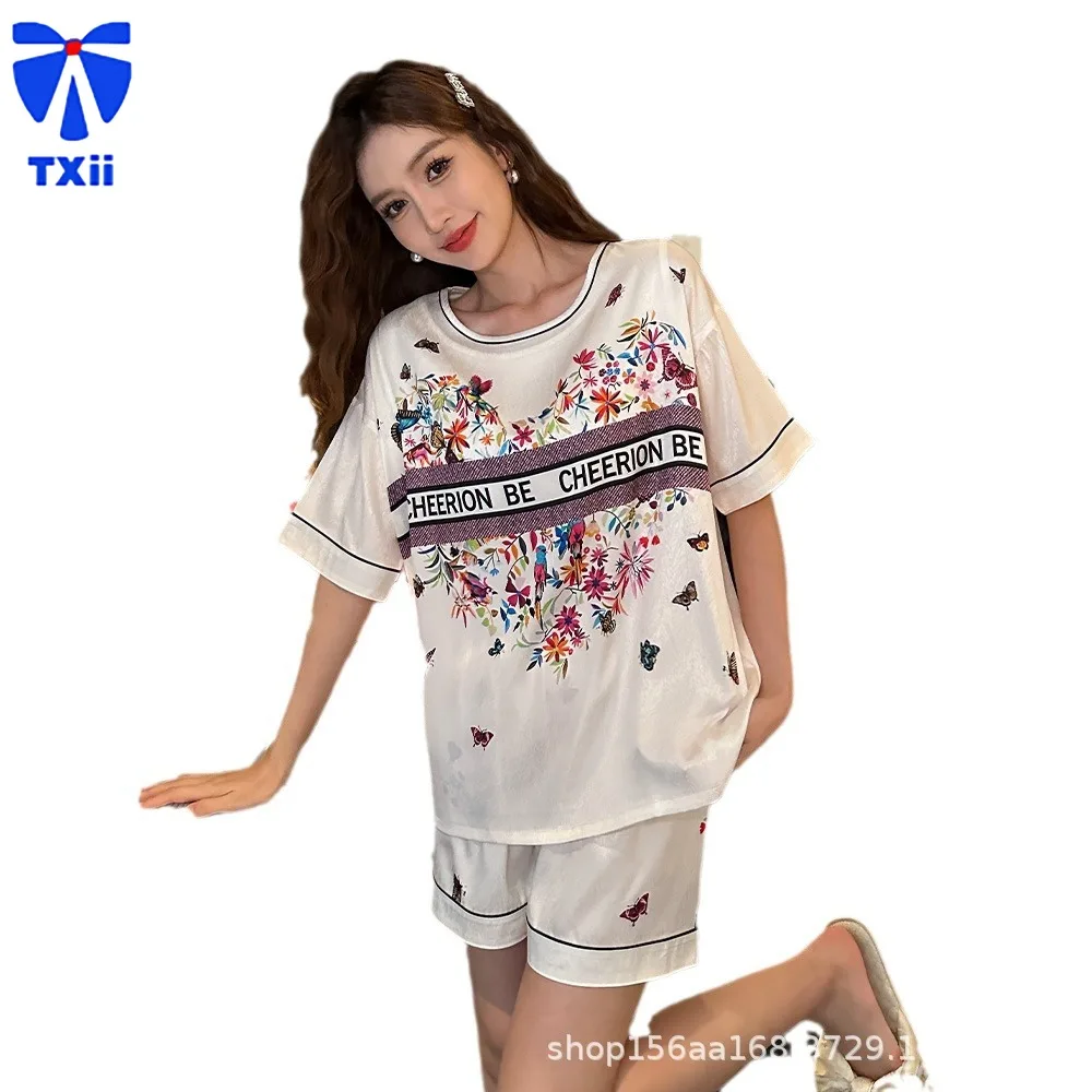 TXii Spring/Summer New Product Butterfly Luxury Short sleeved Shorts Pants with Chest Pads Ice Silk Loose Home Clothes Pajamas