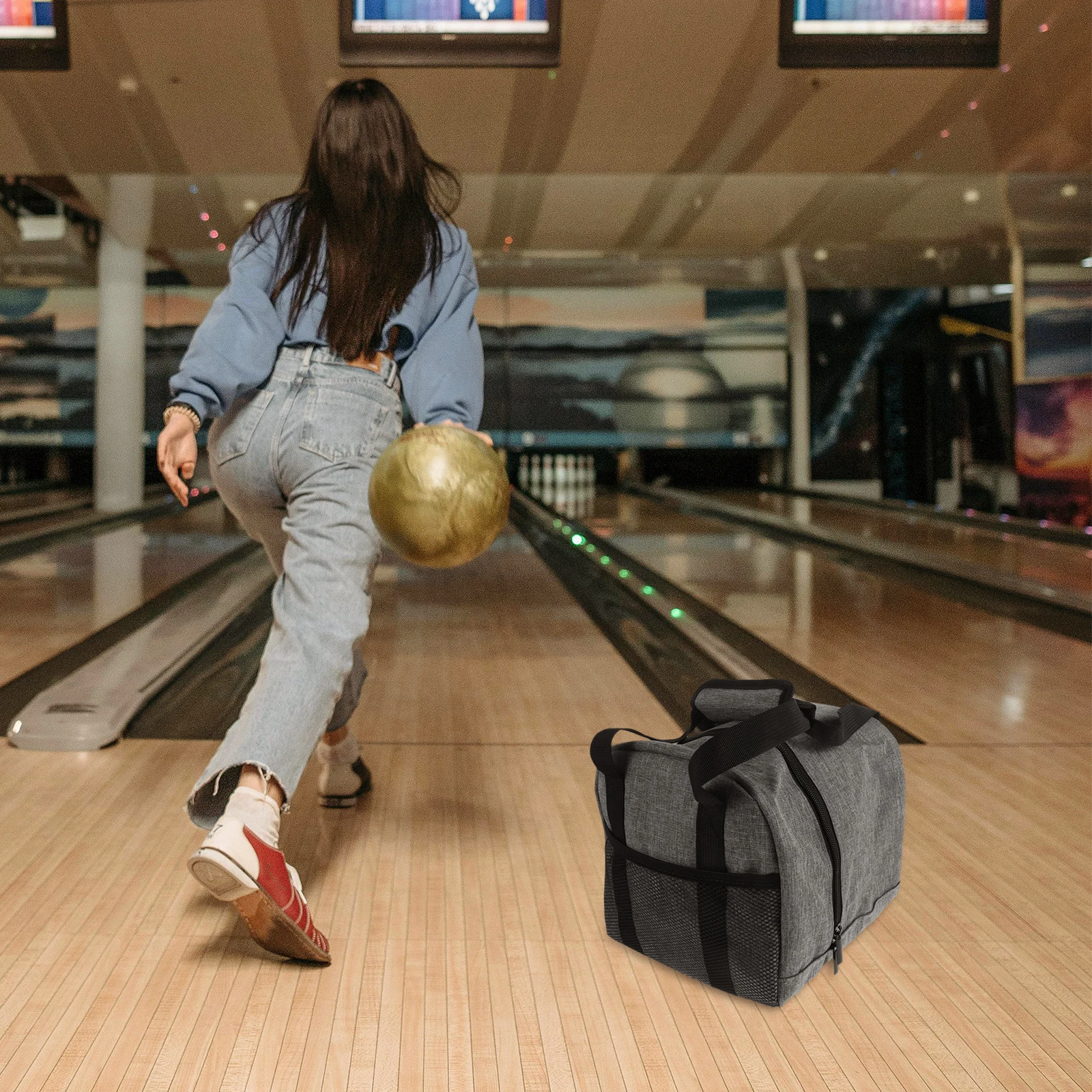 

Single Bowling Bag Padded Holder Grey Mesh Design Travel Accessories Storage Single Bowling Ball Bag Tote Youth Sports