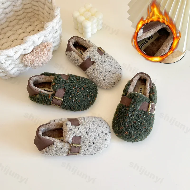 2025 Autumn Winter New Children Flats Fur Shallow Princess Shoes Velvet Warm Light Girls Shoes Non Slip Toddler Casual Shoes