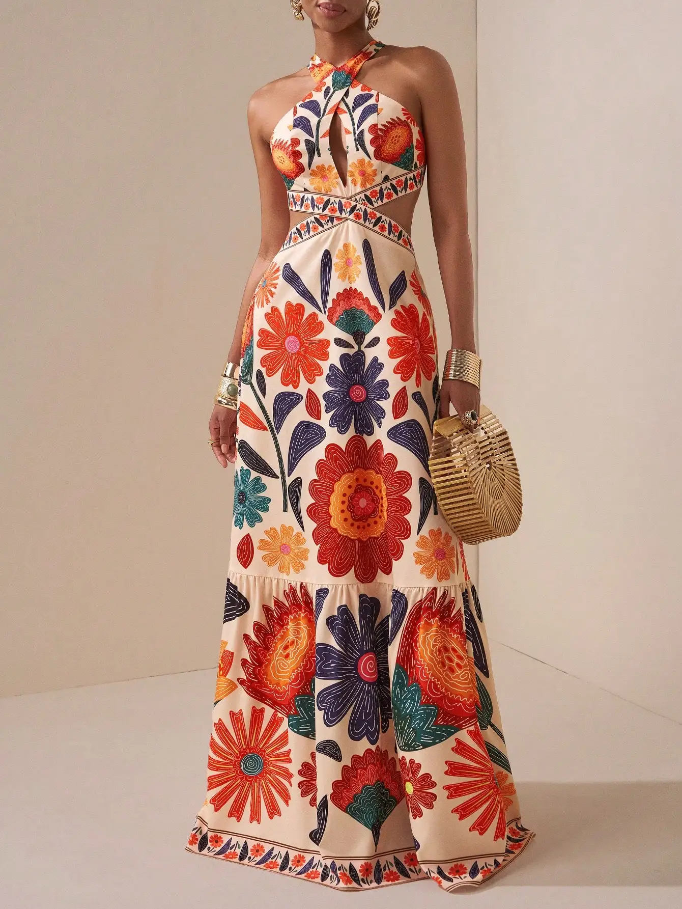 

Floral Print Halter Neck Maxi Dress with Cut-Out Waist and Tiered Skirt