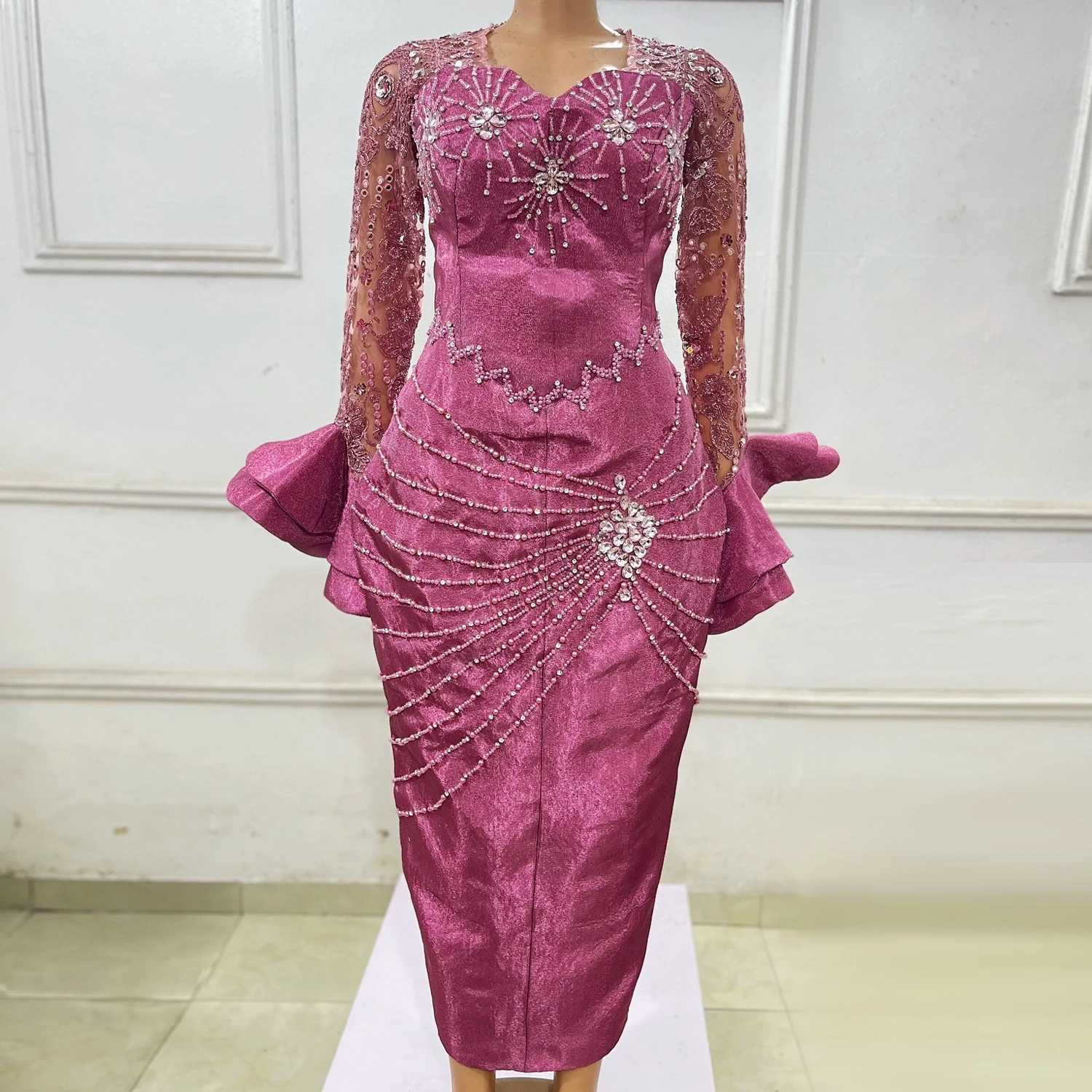 Gorgeous Rose Pink African Traditional Bridal Dress Luxury Beads Ankle Length Asoebi Wedding Guest Gown Black Women Formal Dress