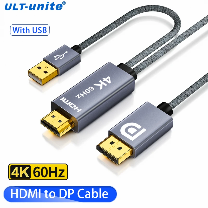 4K HDMI to DP Cable HDMI To Display Port Converter 144Hz Audio Video DisplayPort Cord Unidirectional HDMI to DP 1.2 Adapter