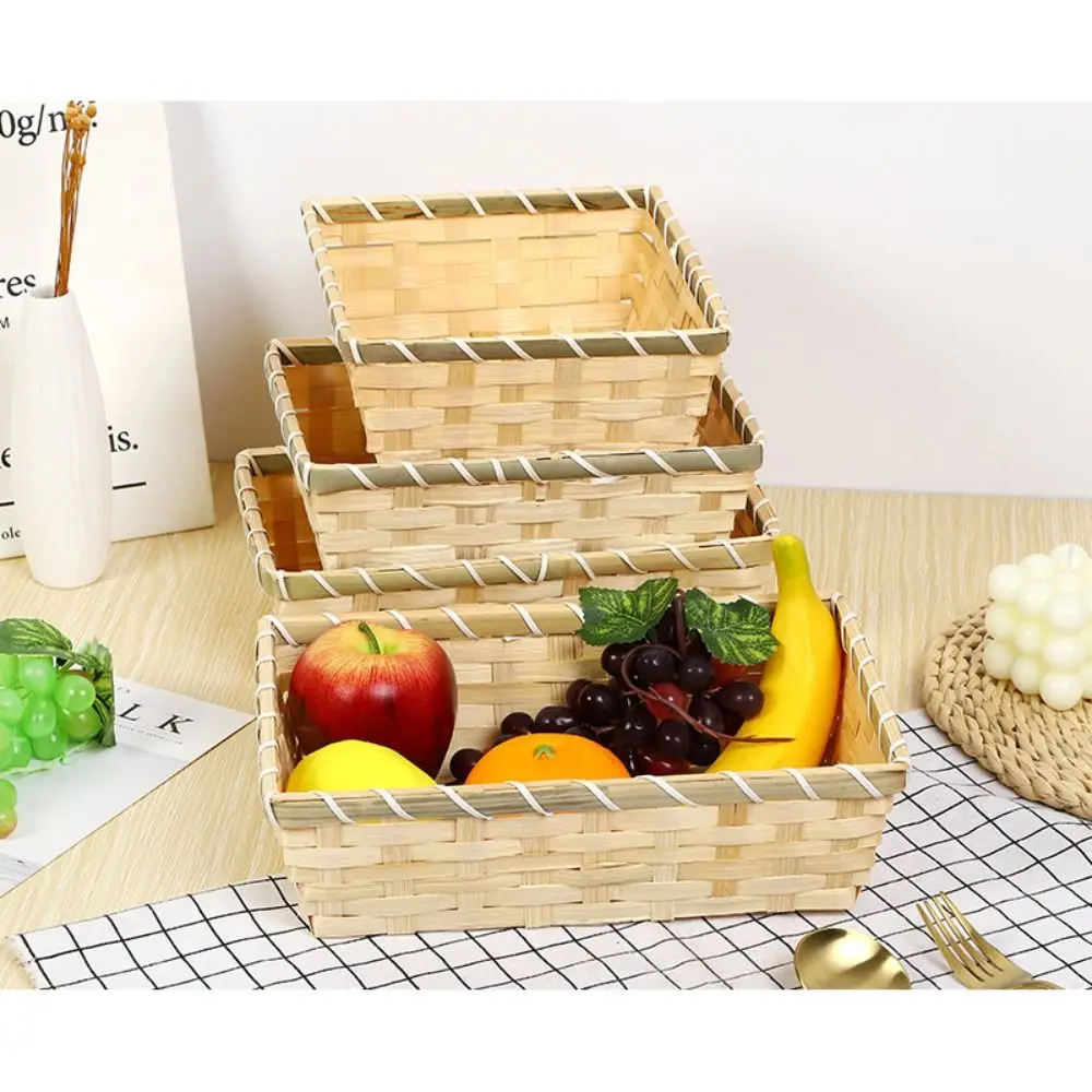 Woven Bamboo Basket Simple Natural Color Rectangle Wicker Bread Basket Handmade Square Bamboo Basket Home Shop Display