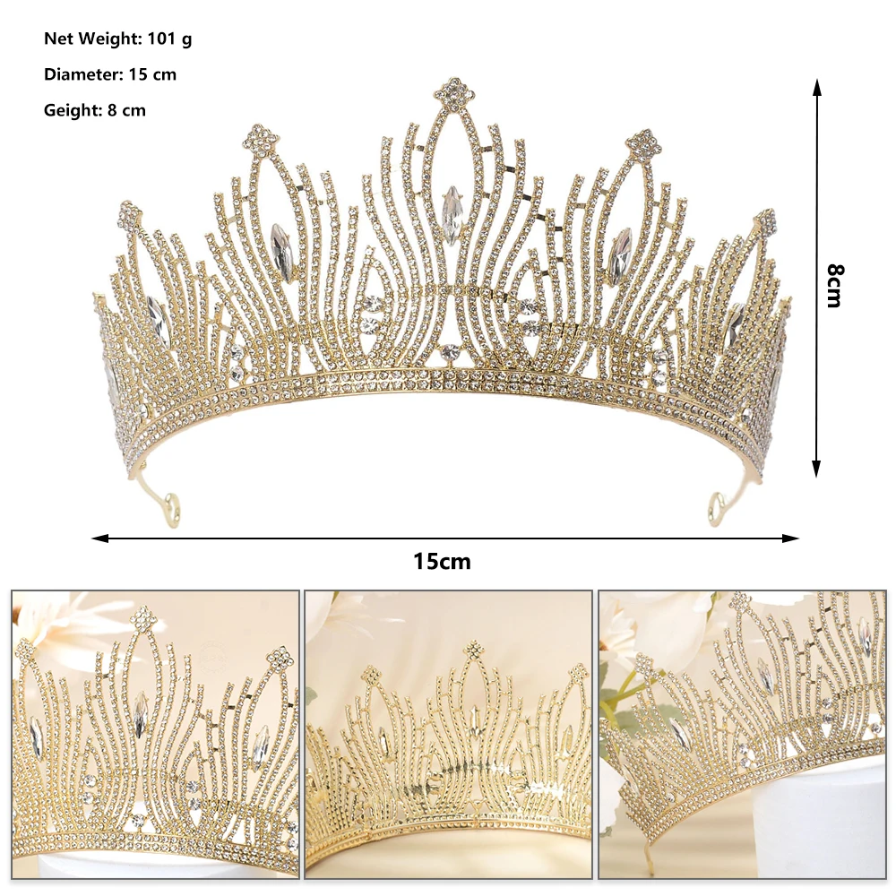 تاج الزفاف - إكسسوار تاج مأدبة فاخر متلألئ بالألماس بالكامل، زينة شعر لغطاء رأس الملكة والأميرة