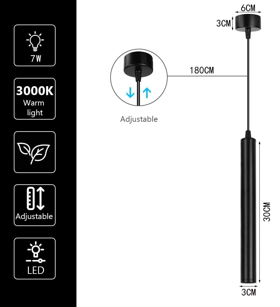 Black LED Pendant Lights Zylinder, Modern Kitchen Island Pendant Lighting Fixture, Aluminium Pendant Lamp for Bedside Table