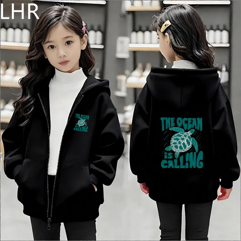 Children Hoodie Zip Up Cardigan Sea Turtle Print Tops Girl Pink Boy Black Gray Purple Coat Hoodies Kid 3-12 Year Zipper Style