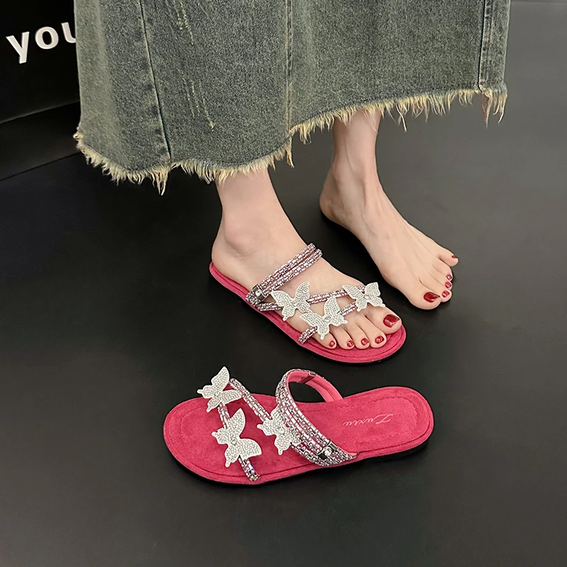 

Shoes for Women 2024 Ladies Slippers Summer Butterfly Flats Lightweight Women's Sandals Low-heeled Miss Female Bling Slippers